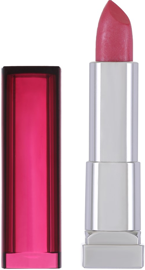 Ein pinker Lippenstift in einer silbernen Hülle mit rotem Deckel steht aufrecht.