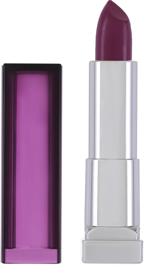 Lippenstift in Lila in silberner Hülse mit Lila Lippenstift und Creme. Eine schwarze und lila Box daneben.