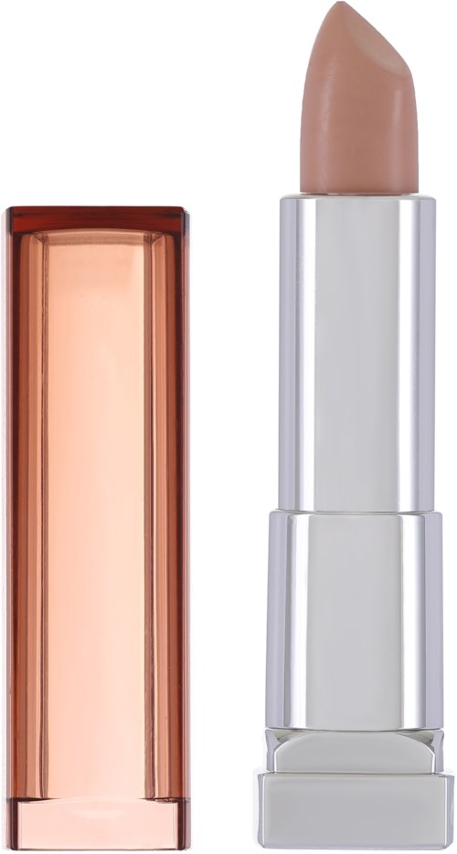 Ein beigefarbener Lippenstift in silberner Hülse mit pinkem Etui.