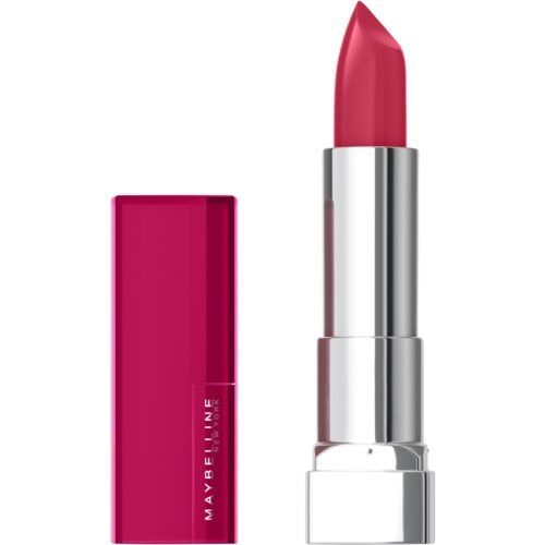 Ein pinkfarbener Lippenstift in silberner Hülse neben einer pinken Verpackung.