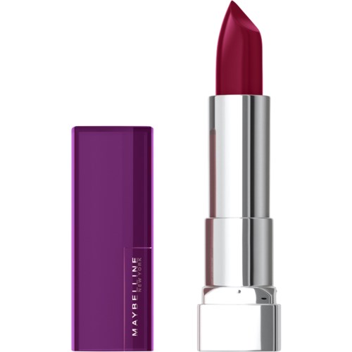 Eine lila Lippenstiftdose mit einem silbernen Röhrchen zeigt einen roten Lippenstift.