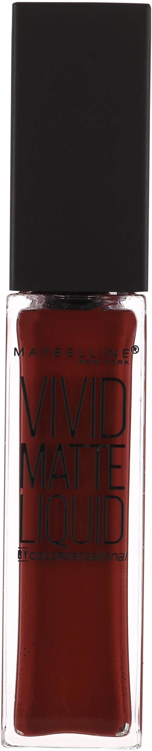 Eine Flasche mit flüssigem Lippenstift mit schwarzem Deckel und roter Farbe.