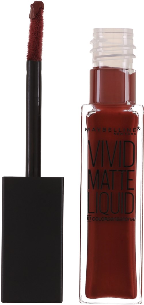 Ein Lippenstift mit schwarzem Deckel, Applikator und durchsichtigem Behälter mit tiefroter Farbe.