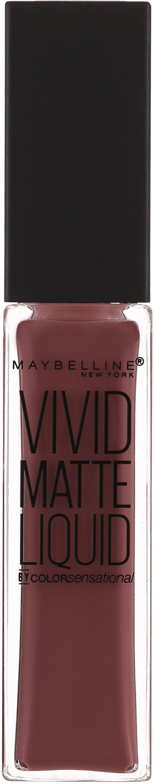 Maybelline flüssiger Lippenstift in einer klaren Flasche mit schwarzen Deckel, enthält einen matten dunkelrosa-braunen Farbton.
