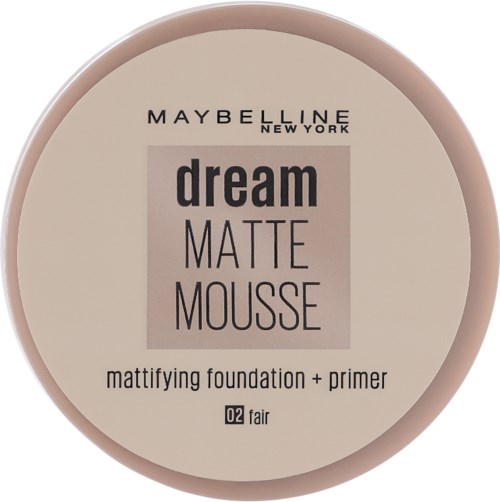En rund Maybelline New York-beholder med Dream Matte Mousse foundation og primer i nuance 02 Fair.