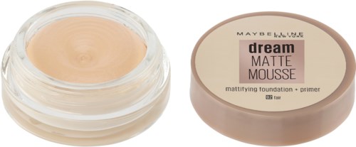 En beholder med Maybelline Dream Matte Mousse foundation med låget ved siden af.