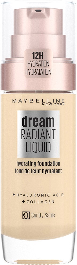 En Maybelline foundationflaska märkt 'Dream Radiant Liquid' för återfuktning med SPF 30, hyaluronsyra och kollagen. Ljus beige färg.