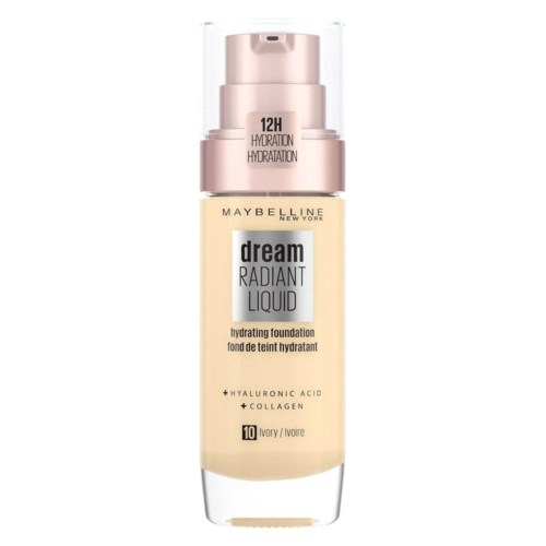 En flaska med Maybelline Dream Radiant Liquid Foundation med fuktgivande egenskaper och 10 timmars återfuktning, innehåller hyaluronsyra och kollagen.