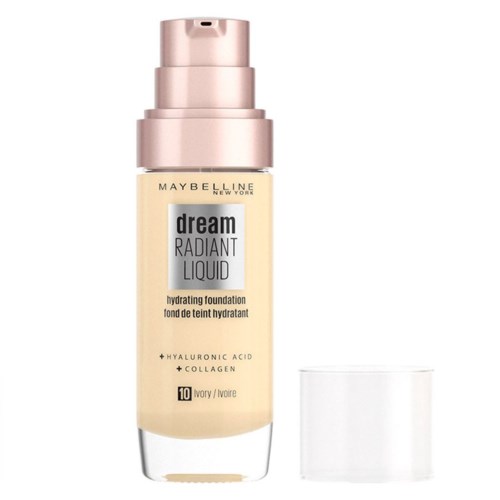 En flaska med Maybelline Dream Radiant Liquid Foundation med pump och genomskilnlig lock.