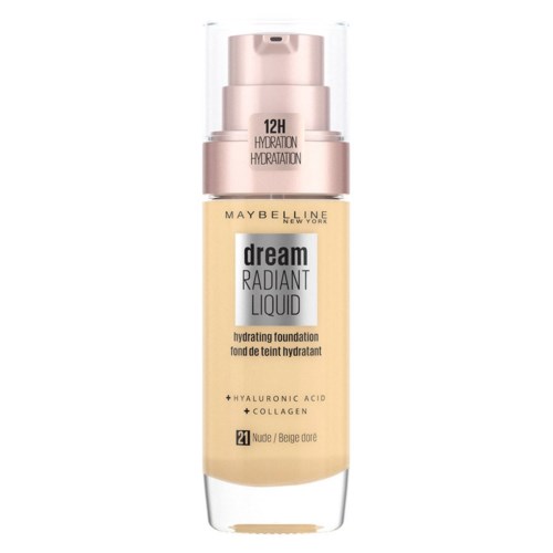En foundationsflaska märkt "Maybelline Dream Radiant Liquid" med 12 timmars hydrering och beige färg.