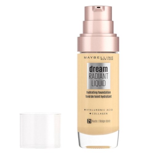 En flaska av Maybelline Dream Radiant Liquid foundation med en beige färg och en rosa kork.