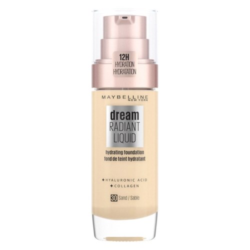 En flaska med Maybelline Dream Radiant Liquid foundation med SPF 30, fuktgivande formula, innehåller hyaluronsyra och kollagen.