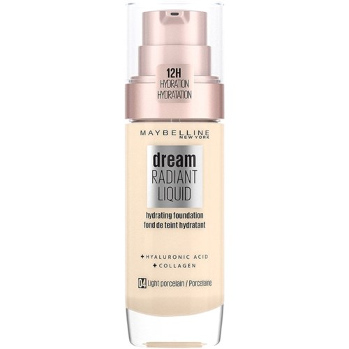 En flaska med Maybelline Dream Radiant Liquid foundation med pump, påstår 12 timmars återfuktning, med hyaluronsyra och kollagen.