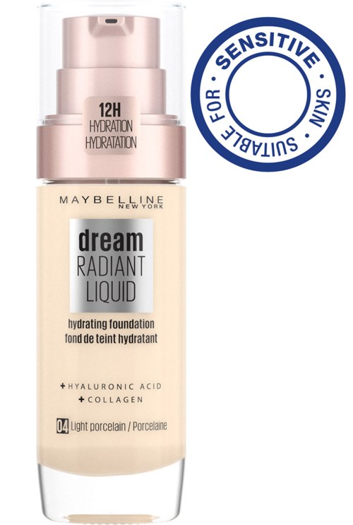 Maybelline Dream Radiant Liquid foundation med hyaluronsyra och kollagen, passar för känslig hud, ger fukt.