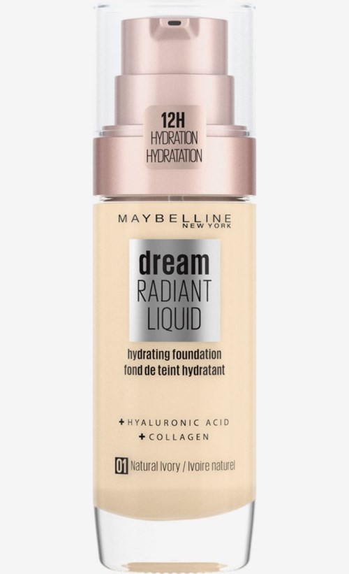 Maybelline Dream Radiant Liquid foundation med hyaluronsyra, kollagen och 12-timmars fukt.