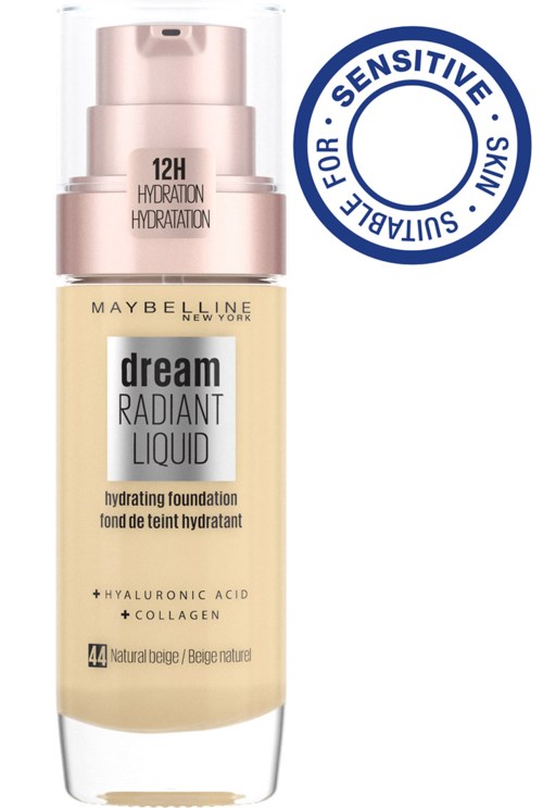 En foundationflaska märkt 'Maybelline Dream Radiant Liquid' med en blå cirkel som visar att den är för känslig hud.
