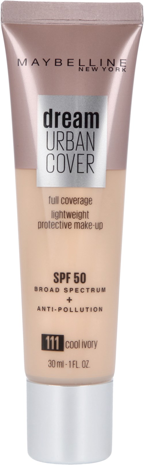 Eine Tube Maybelline Dream Urban Cover Foundation, hellbeige, SPF 50, 30 ml, mit Schutz und Anti-Pollution.