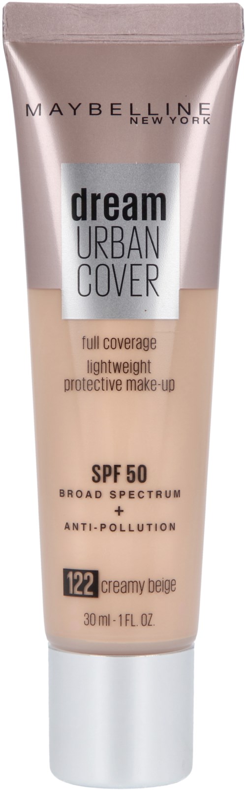 Eine Tube Maybelline Dream Urban Cover Foundation mit SPF 50, volle Abdeckung, leicht und anti-verschmutzung. Farbe 122.