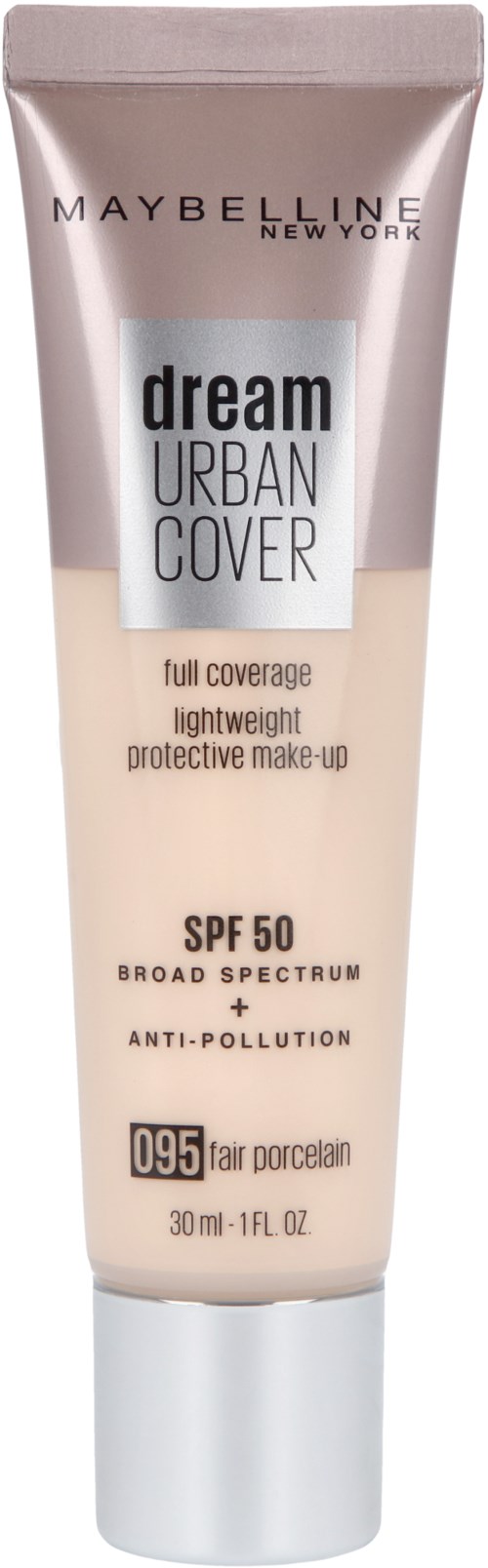 Maybelline-meikkivoideputeli, jossa lukee 'Dream Urban Cover', SPF 50, anti-päästöt, sävy 095 Fair Porcelain.