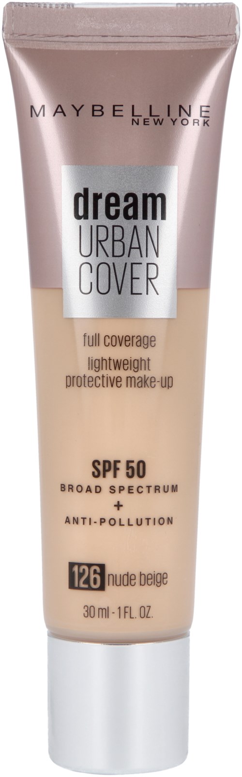 Eine Tube Maybelline Dream Urban Cover Foundation mit SPF 50, Vollabdeckung und Breitbandschutz.