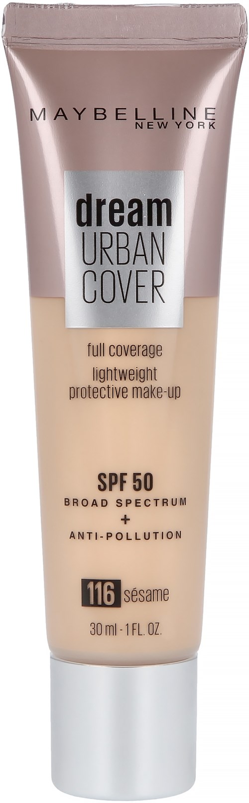 En tube av Maybelline Dream Urban Cover foundation med SPF 50 i nyansen sesame. Den påstår heltäckande och skyddande.