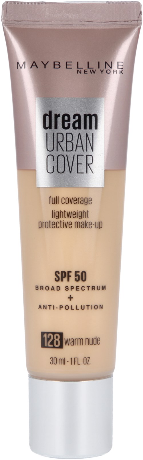 Ett rör med Maybelline Dream Urban Cover foundation med SPF 50, i beige nyans, märkt för full täckning och lätt.