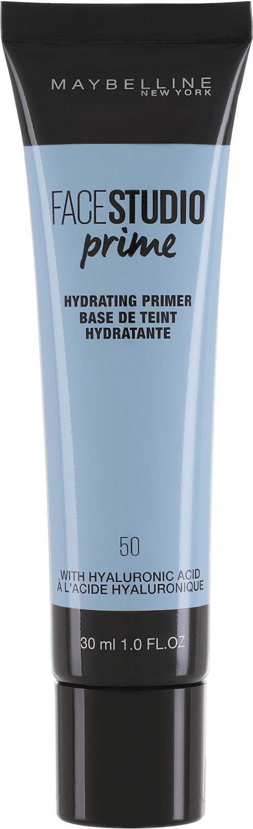 Blaue und schwarze Tube von Maybelline Face Studio Prime mit Hyaluronsäure, 30 ml.