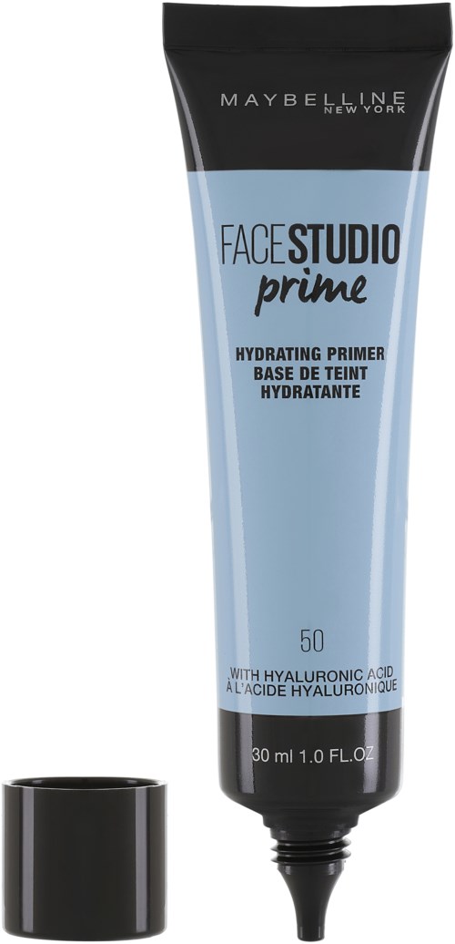 Eine Tube Maybelline Face Studio Prime Hydrating Primer mit schwarzem Deckel und blauer Verpackung.