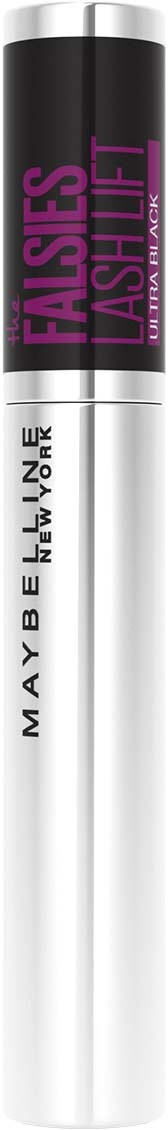 En Maybelline mascara-tub med svart och lila förpackning, märkt "Falsies Lash Lift".