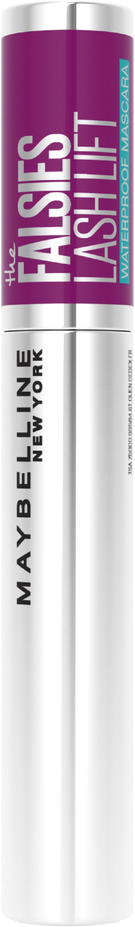 Een mascara-buis met label 'The Falsies Lash Lift' van Maybelline New York, paars en wit.