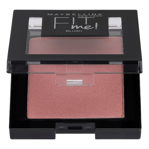 A Maybelline blush compact with a pink-colored powder and a clear lid displaying branding.