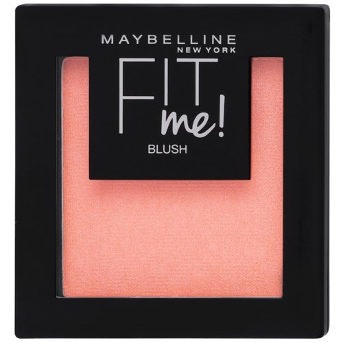 En kvadratisk behållare med rosa rouge och en svart etikett som säger Maybelline Fit Me! Blush.