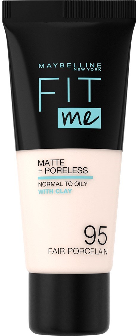 Maybelline Fit Me matte foundation for normal to oily skin, shade 95 Fair Porcelain, with clay ingredients.