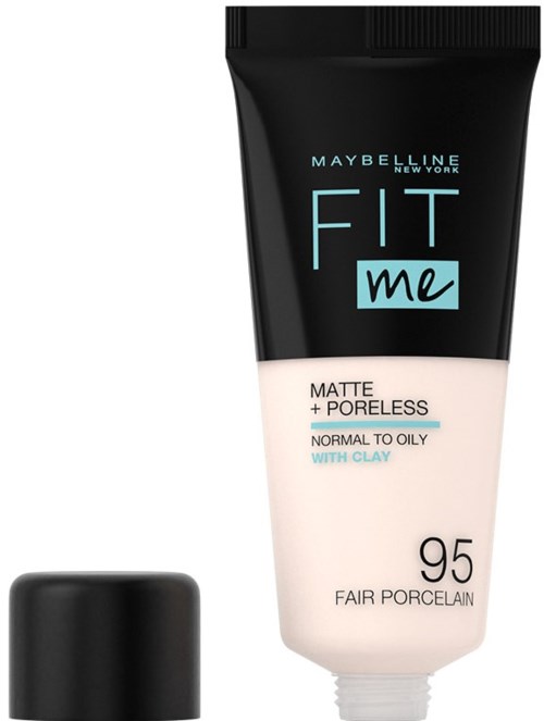 A tube of Maybelline Fit Me Matte + Poreless foundation, shade 95 Fair Porcelain, with a black cap.
