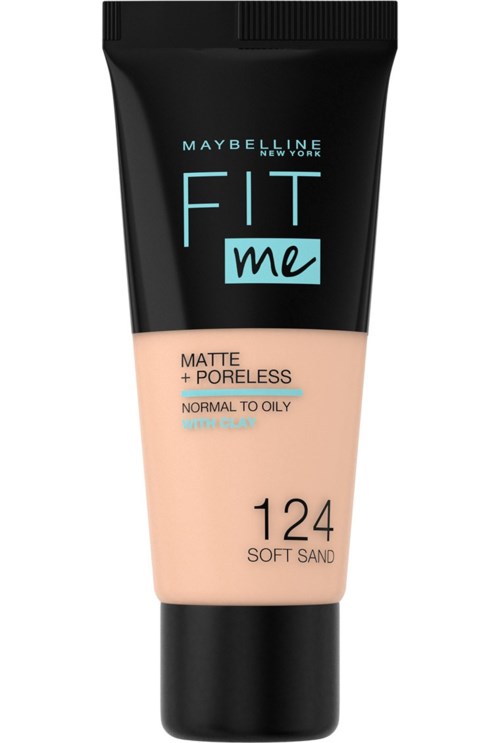Maybelline Fit Me foundation för normal till oljig hud, nyans 124 Soft Sand, matt och porfritt resultat.