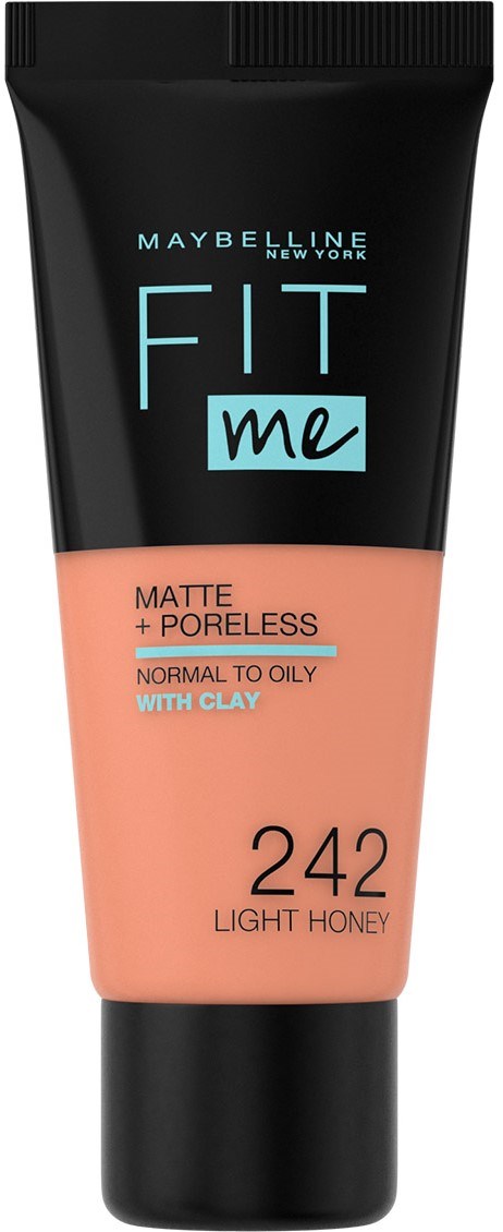 En Maybelline foundationrör för normal till fet hud med lera, i nyans 242 Light Honey, matt och porfri.