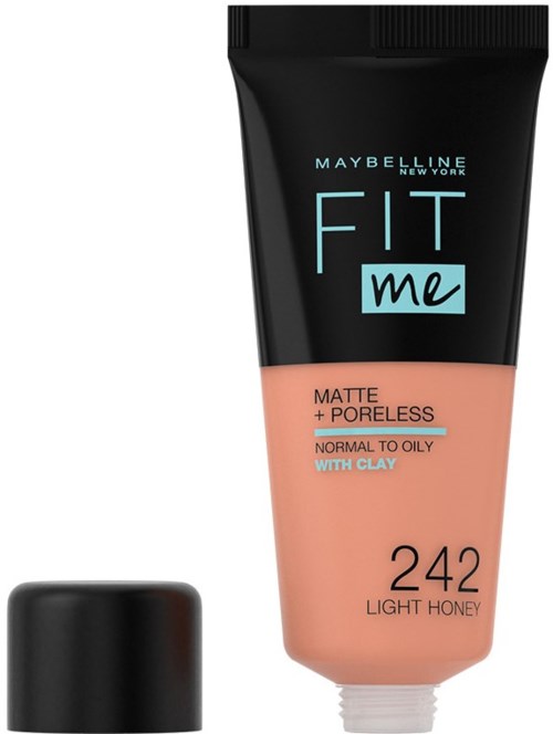 En tub med Maybelline Fit Me matt och poreless foundation i ljus honungsnyans, med svart lock.