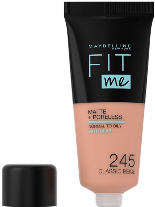En tub med Maybelline Fit Me foundation, nyans 245 Classic Beige, med matt och poreless-effekt för normal till oljig hud.