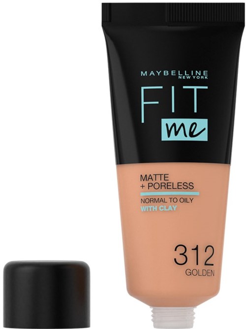 En tub med Maybelline Fit Me-foundation i nyansen 312 Golden, för normal till oljig hud med lera. Svart lock.