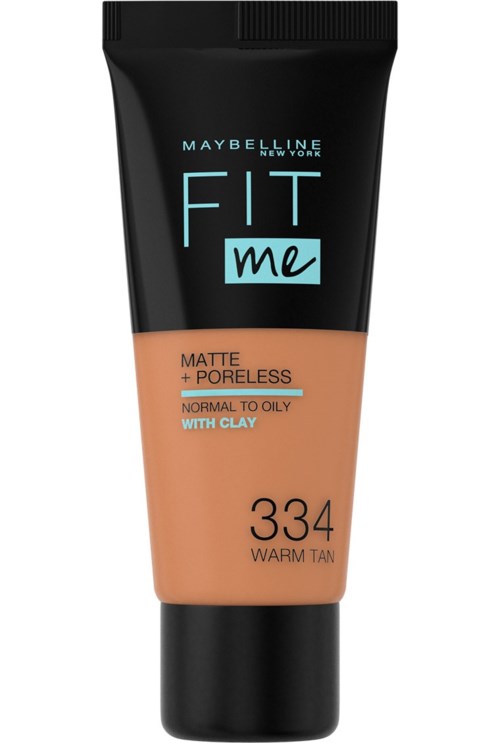 Maybelline Fit Me-foundationsrör i nyans 334 Warm Tan, passar för normal till fet hud, matt yta, med lera.