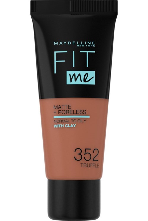 A tube of Maybelline Fit Me matte foundation, shade 352 Truffle, for normal to oily skin with clay.