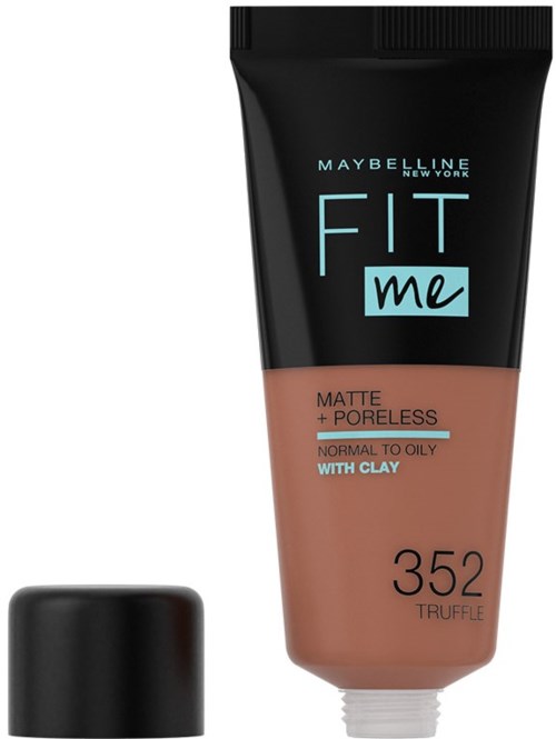 A Maybelline Fit Me matte foundation tube, shade 352 Truffle, for normal to oily skin with clay, no lid.