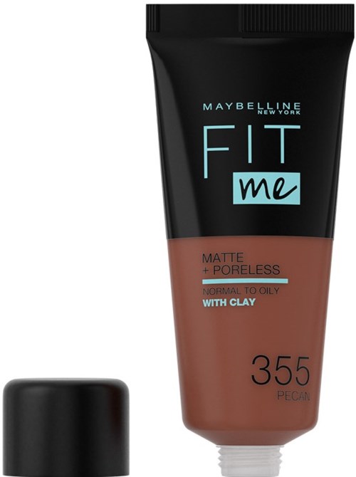 En tub med Maybelline Fit Me matt foundation för normal till oljig hud med lera, färg 355 Pecan.