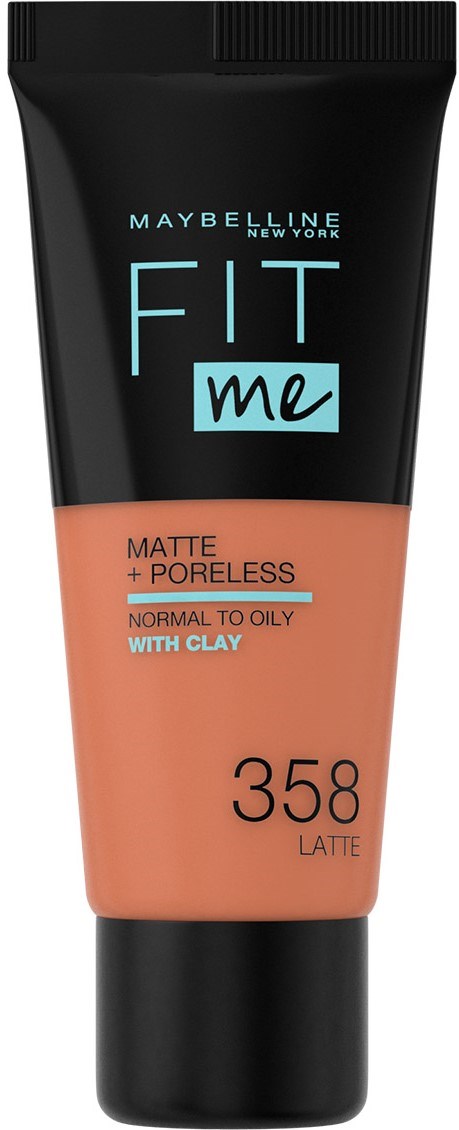 En Maybelline foundationrör med matt och porfri formel för oljig hud, nyans 358 Latte.