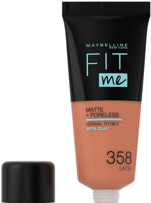 En Maybelline Fit Me foundationrör för normal till fet hud i nyansen 358 Latte, med matt och poreless effekt.