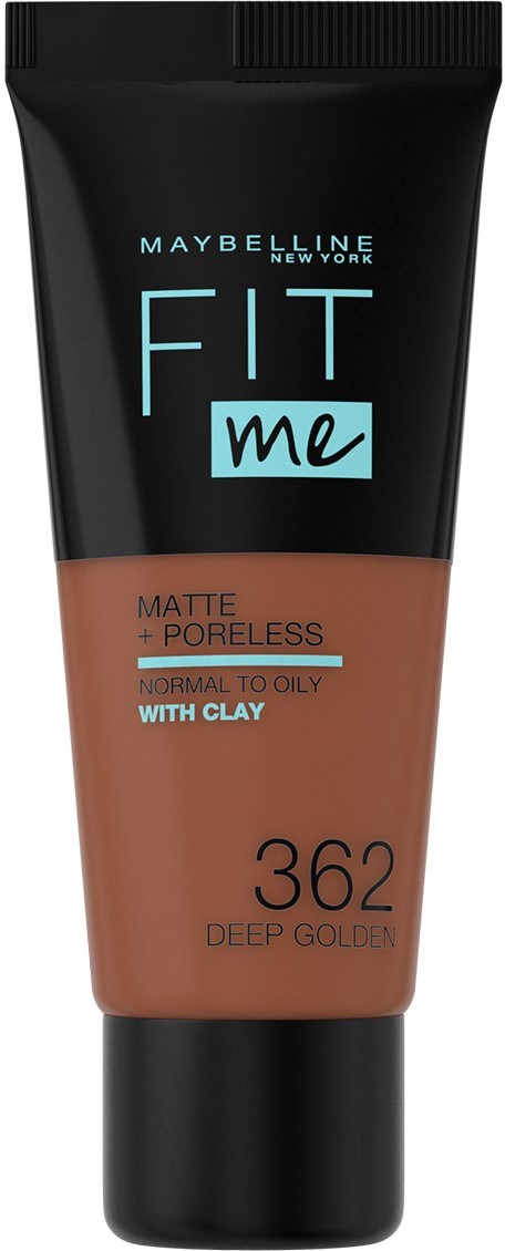 En Maybelline Fit Me-foundationsrör visar nyans 362 Deep Golden för normal till fet hud.