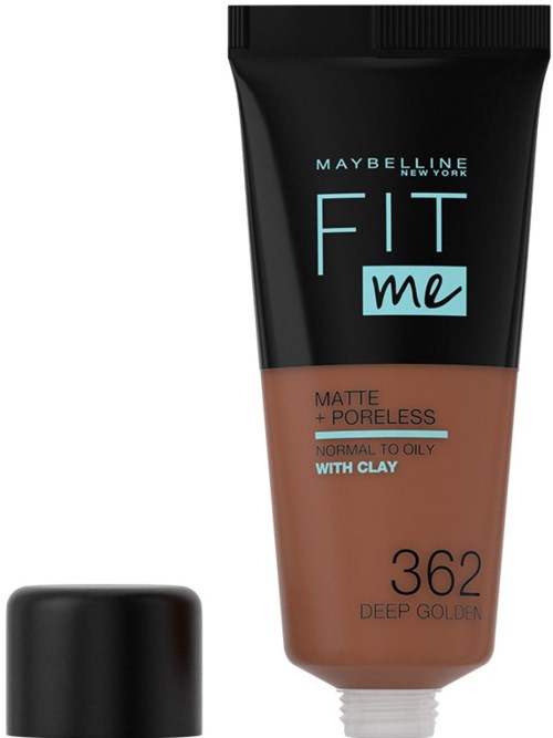 En tub med Maybelline FIT me-fondation i färg 362 Deep Golden, med matt och porfri finish för normal till oljig hud.