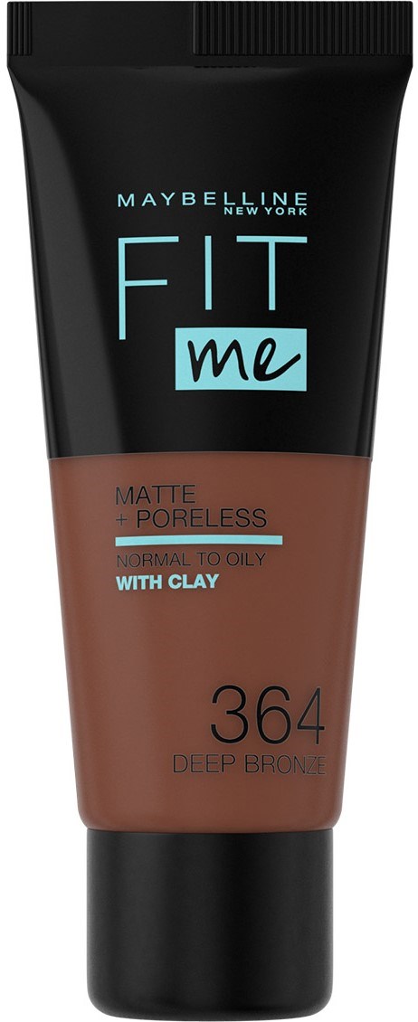 En tub med Maybelline Fit Me-foundation i nyansen 364 Deep Brunette för matt, porfri, oljig hud med lera.