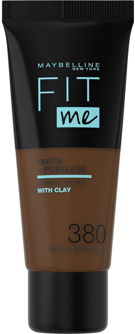 Maybelline Fit Me matte poreless foundation with clay, shade 380, in a black and brown tube.