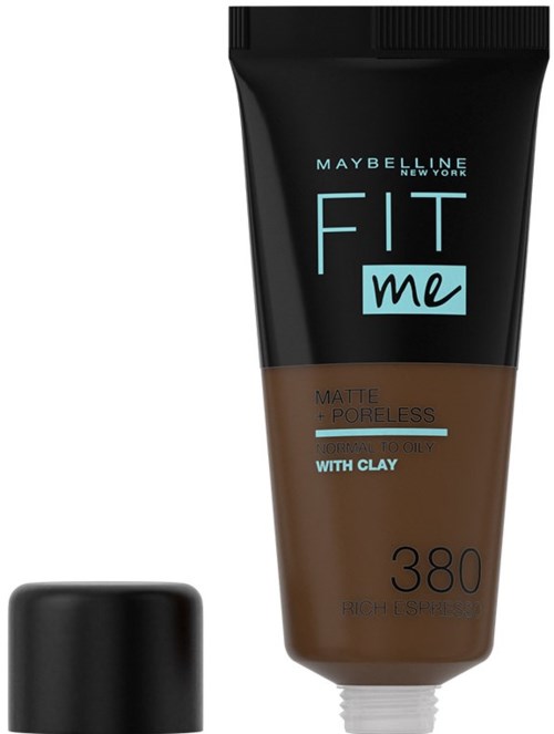 Maybelline Fit Me matte foundation, shade 380, with clay, in a black tube and cap.